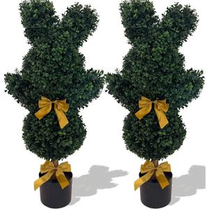 Easter Bunny Topiary 36'' Artificial Bunny-Shaped Topiary Double Ball Tree Pot Easter UV-Resistant Bowknot Faux Boxwood Topiaries Plant for Porch Decor Outdoor/Indoor 2 Pack