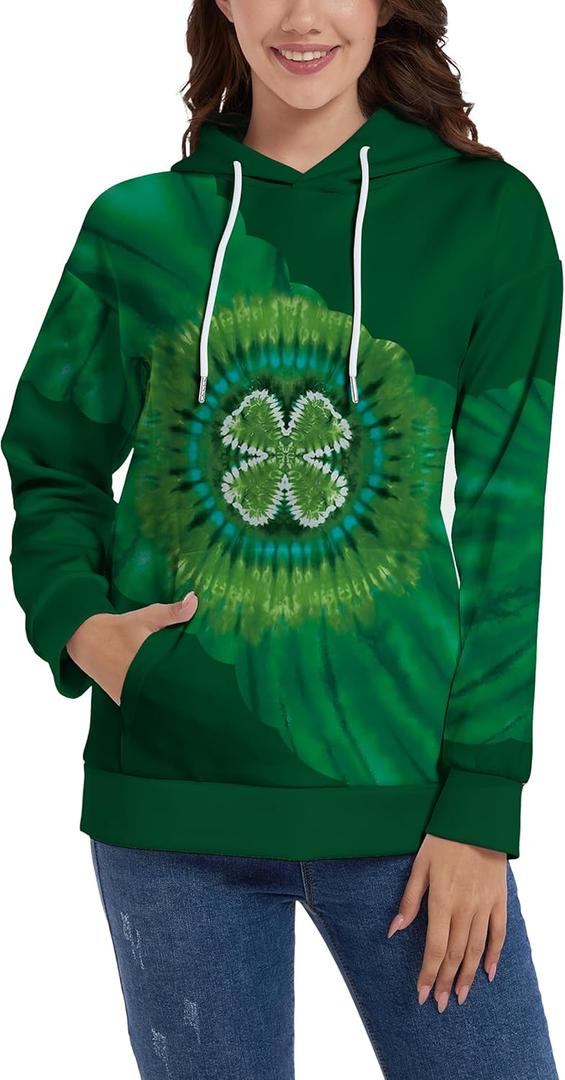 TMSD Women's Mardi Gras St.Patrick's Day Long Sleeve Hoodie with Pocket (Medium, Hoodie | Four Leaf Clover)
