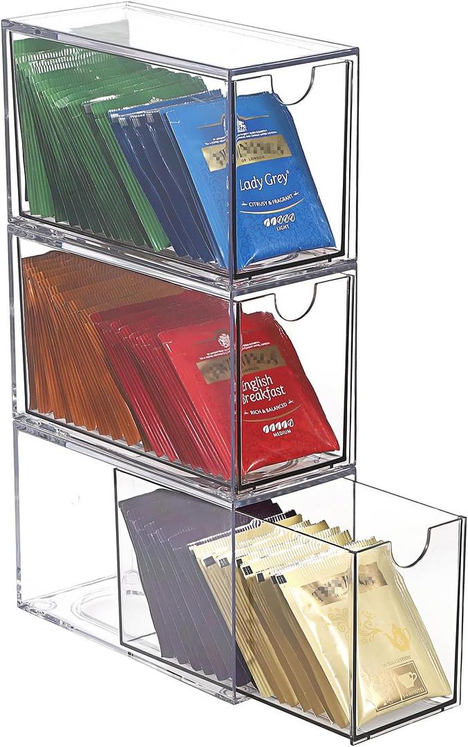 ELLDOO 3 Drawers Tea Bag Organizer, Clear Acrylic Stackable Tea Bag Storage Holder for Kitchen Pantry, Coffee Pod Snack Storage for Countertop Cabinet