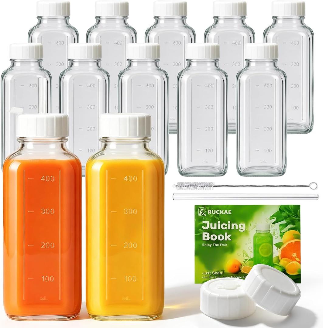 Ruckae 16oz 12 Pack Glass Juice Bottles with Lids - Reusable Square Glass Juice Bottles with Leak-Proof Lid & Capacity Marks for Containers Juice,Milk,Smoothies