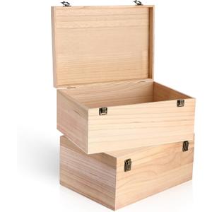 Wesiti 2 Pcs Unfinished Wooden Box 14 x 10 x 6.5 Inch Treasure Chest Craft Box with Hinged Lid Rustic Large Paint Box Stash Crate for Storage Carving DIY Gift