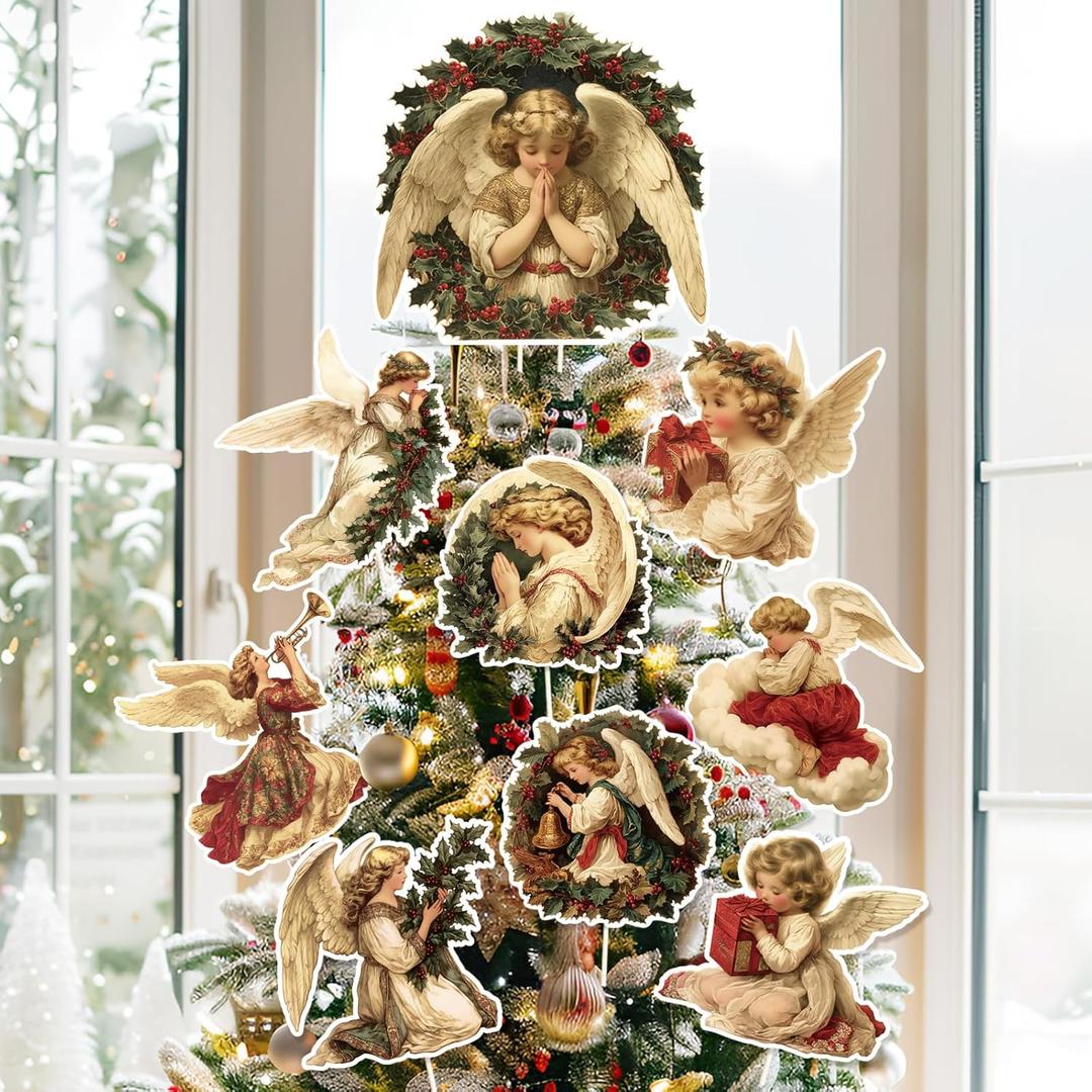 Christmas Angel Tree Topper 9Pcs Vintage Retro Ornament Tree Decorations for Xmas Tree Top Decoration Indoor Outdoor Home Decor Holiday Party