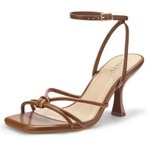 PARTY Women's Square Open Toe Strappy Heeled Sandals 3 inch Stiletto Kitten Heel with Ankle Buckle Strap, Comfortable Slingback Summer Dress Shoes (7.5, Brown Pu)