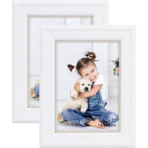 GraduationMall 5x7 Picture Frames, Real Glass, Display Photos for Wall or Tabletop, White with Gold Beads, 2-Pack