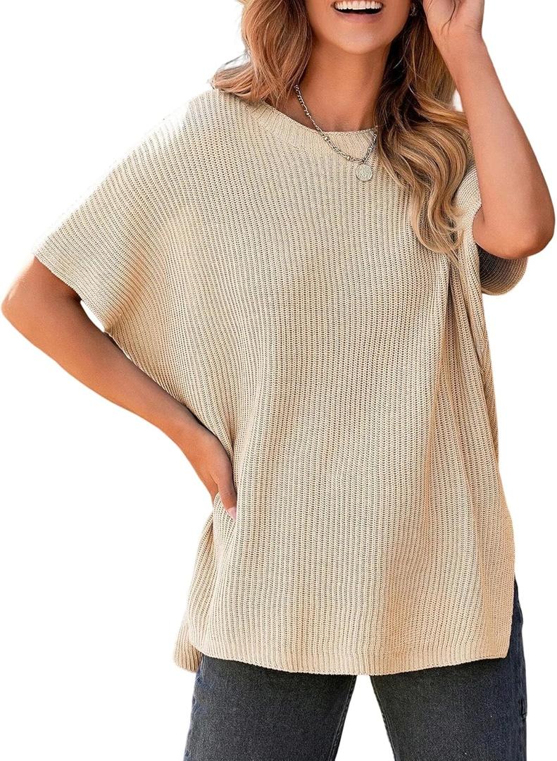 MARZXIN Womens Sweater Crewneck Short Sleeve Knit Pullover Tops Causal Oversized Lightweight Sweaters (M)