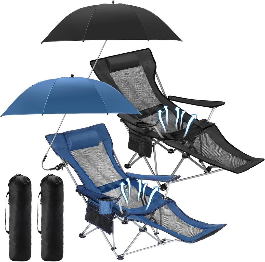 Yuntau 2 Set Reclining Beach Chair and Umbrella for Adults, Outdoor Camping Foldable Sand Chairs with Umbrella, SPF 50+, High Back, with Foot Rest, Cup Holder and Mesh Bag