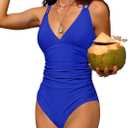 Charmo Tummy Control One Piece Swimsuits for Women Ruched Bathing Suits Strappy V Neck Monokini (Large, #1k Klein Blue)