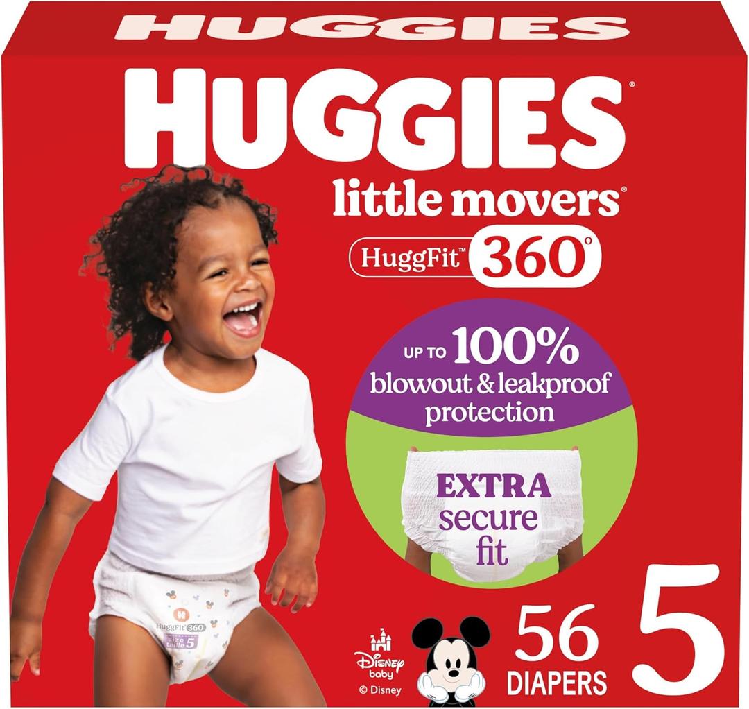 Huggies Size 5 Baby Diapers, Little Movers HuggFit 360 Baby Diapers with 360 Waistband, Size 5 (27+ lbs), 56 Count, Packaging May Vary