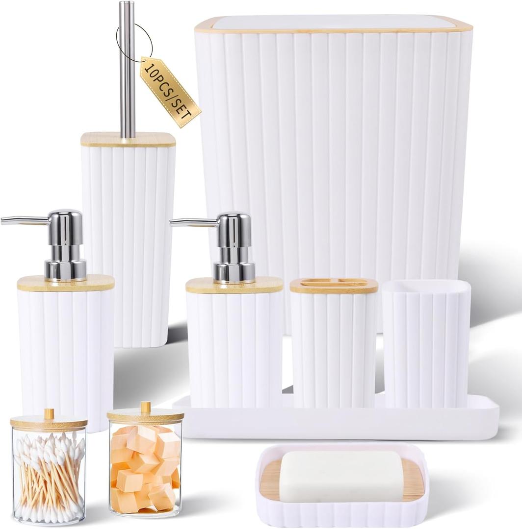 Bathroom Accessories Set - Elegant White Bathroom Set, 10PC Bathroom Accessory Set, Toilet Brush, Trash Can, Qtip Holder Dispenser & Soap Dispenser