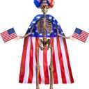 4th of July 6ft Skeleton Clothing Accessories, USA Flag Skeleton Costume with Fuzzy Wig, Patriotic Costume Cape String Flag for Outdoor Garden Lawn Decor Independence Day Party Celebration