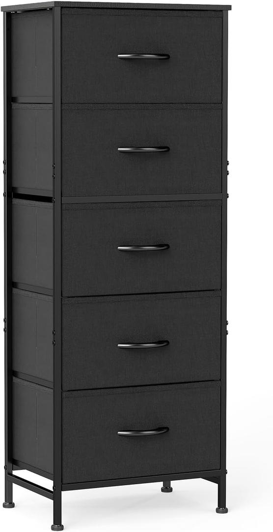 OLIXIS Tall 5 Drawer Fabric Dresser Storage Tower Bedroom Organizer, Black | Storage Unit with Removable Bins, Chest of Drawers with Sturdy Steel Frame, Tall Dressers for Closet, Living Room, Entryway