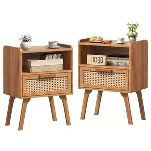 Lerliuo Rattan Nightstands Set of 2, Side Table with Drawer, Cane Accent Bedside End Table with Solid Wood Legs, Mid Century Modern Night Stand for Bedroom, Dorm and Small Spaces (Tea Brown)