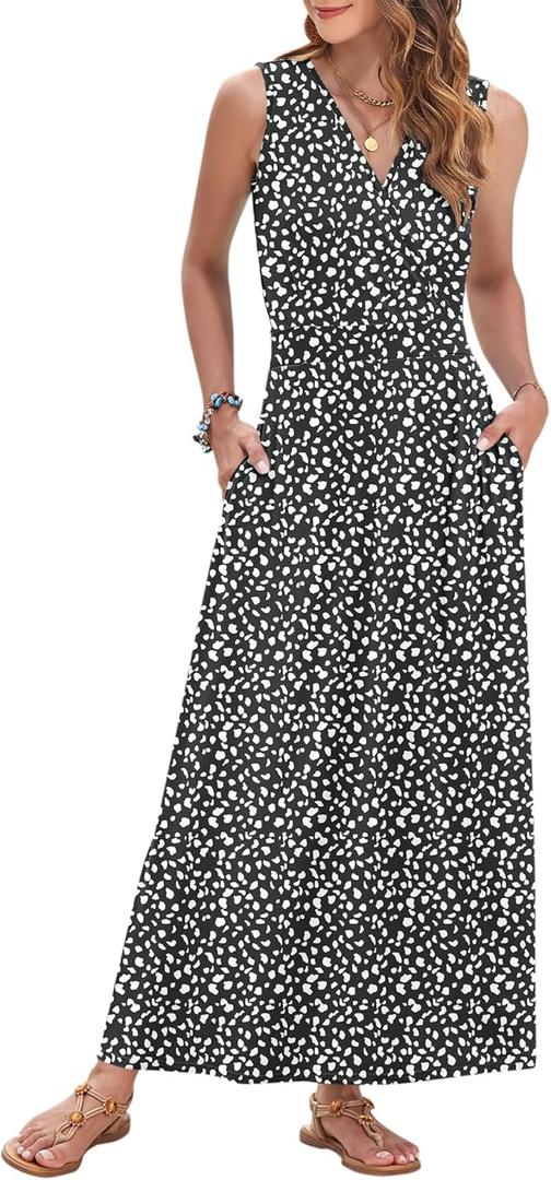 AUSELILY Women's Maxi Dress 2026 Summer Casual Sleeveless Sundress V Neck Wrap Vacation Cocktail Long Dresses with Pockets (Large)