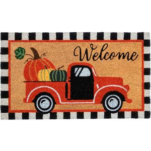 Welcome Fall Truck Door Mat 30x17 Inch, Vintage Fall Truck Decor for Covered Outdoor Area, Pumpkin Truck Decor, Vintage Coir Welcome Mat