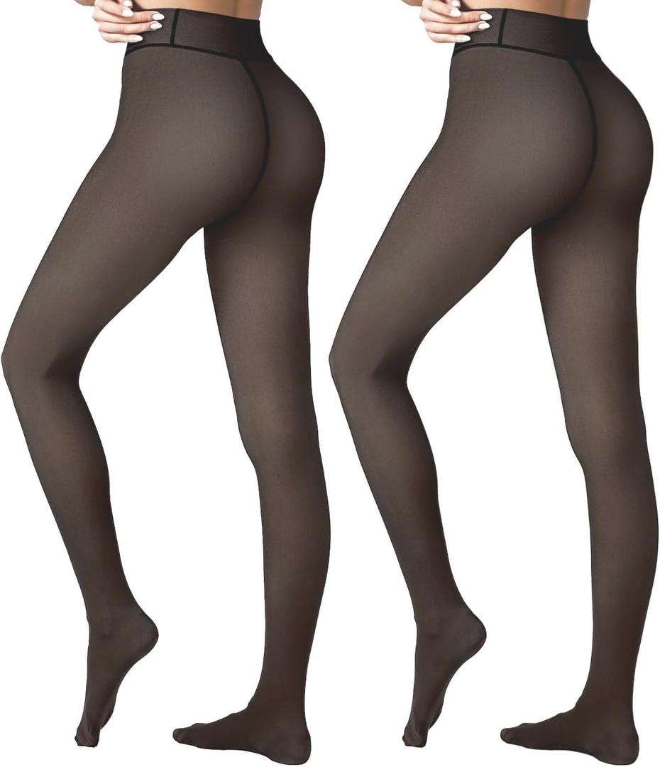 Caprilite 2 Pairs Women Fleece Lined Tights-Fake Translucent Leggings High Waist Pantyhose Sheer Thick Warm Tights For Women (Small, Invisible Crotch-black+black)