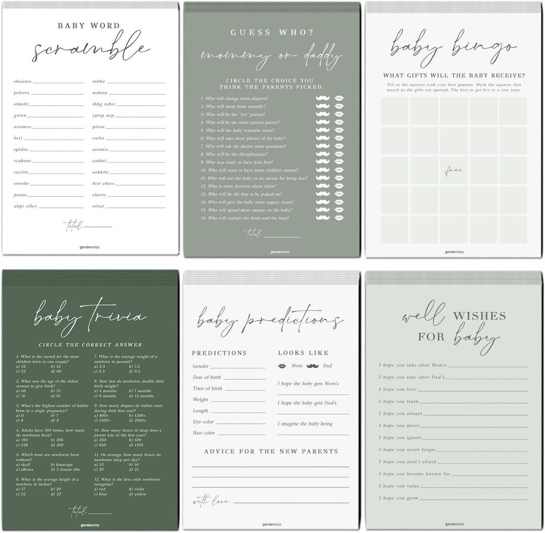GardenCity Baby Shower Games - 6 Fun Baby Shower Games for Girl or Boy, 25 Guests, Double-Sided Cards, Sage Green