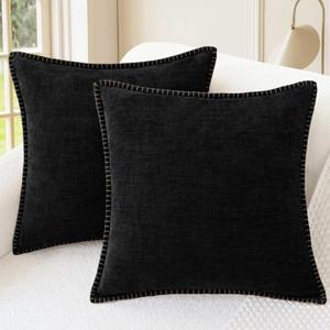 CaliTime Throw Pillow Covers Decorative 26 X 26 Inches Pack of 2 Cotton Thread Stitching Edges Solid Dyed Soft Chenille Cushion Cases for Couch Sofa Bed Living Room Farmhouse Black