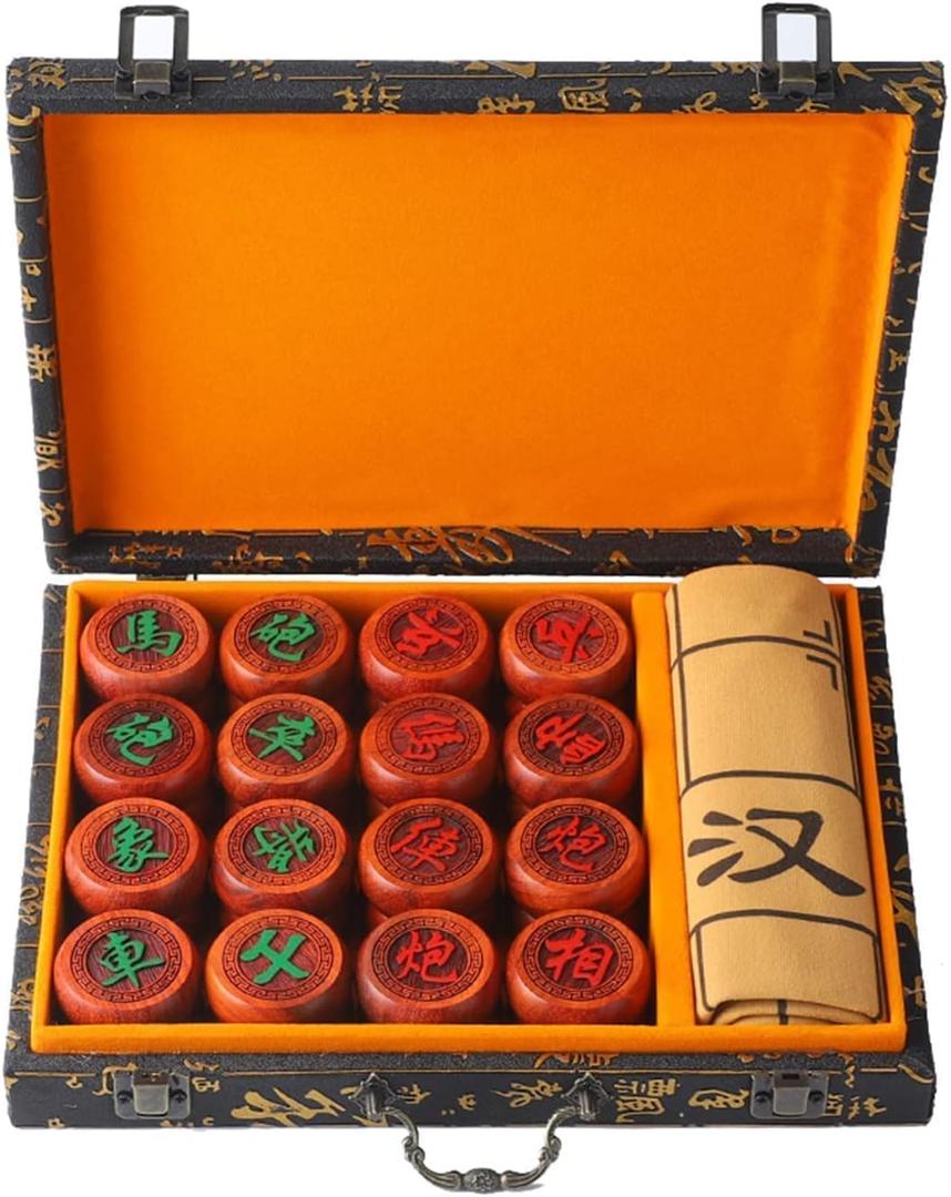 Wowwoody 1.88inch Mahogany Chines Chess Gift Box Set Xiangqi  Chines Traditional Xiangqi Classic Educational Strategy Board Games 2 Players Travel Game Set with Wooden Box and Leather Chessboard