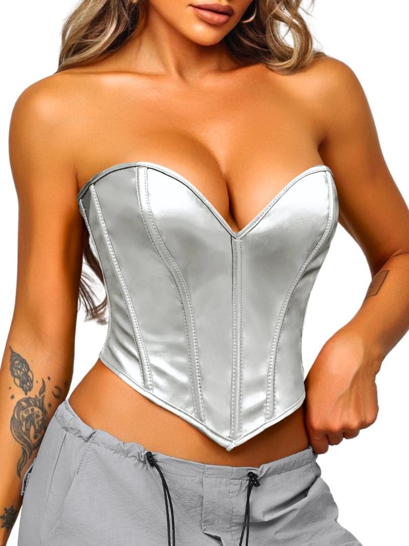ChiaoLezhee Heart Corset Top For Women, Sexy Concert Outfits Going Out, Strapless Crop Top, Overbust Bustier, Silver Leather, X-Small