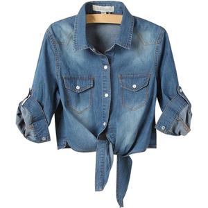 AMEBELLE Women's Roll Up 3/4 Sleeve Tie Front Knot Shirt Chambray Denim Crop Top XXL