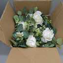 5FT Artificial Eucalyptus Garland with Flowers, 6 White Roses Baby Breath Garland Floral Greenery for Wedding Party Centerpiece Table Runner Backdrop Wall Decor Decoration