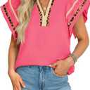 Cicy Bell Womens Ruffle Cap Sleeve Tops Color Block V Neck Dressy Casual Blouses Summer Pleated Loose Fit Shirts XL Rose Red
