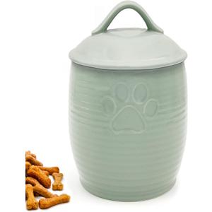NIXBYO Large Dog Treat Container Airtight, Cute Dog Treat Jar with Lids,Rustic Dog Treat Storage Container, Ceramic Cat Food Jars for Kitchen Counter, Green