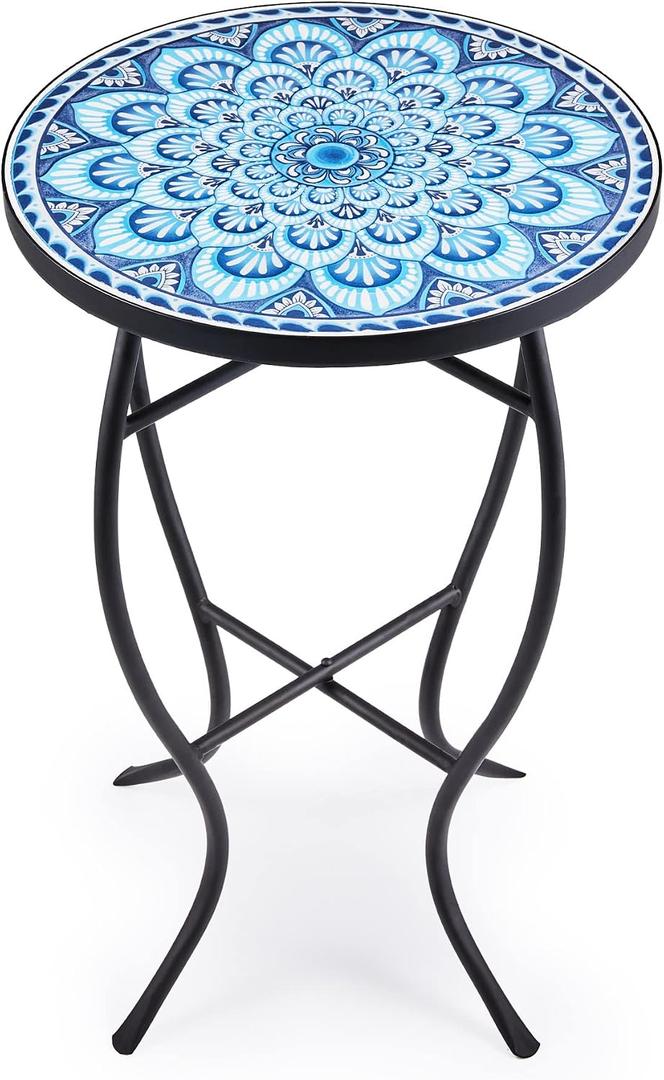VONLUCE Mosaic Side Table and Plant Stand, 21" Round End Table with 14" Ceramic Tile Top, Indoor & Outdoor Accent Table, Porch Patio Furniture, Entryway & Coffee Table for Home & Garden, Blue Mandala