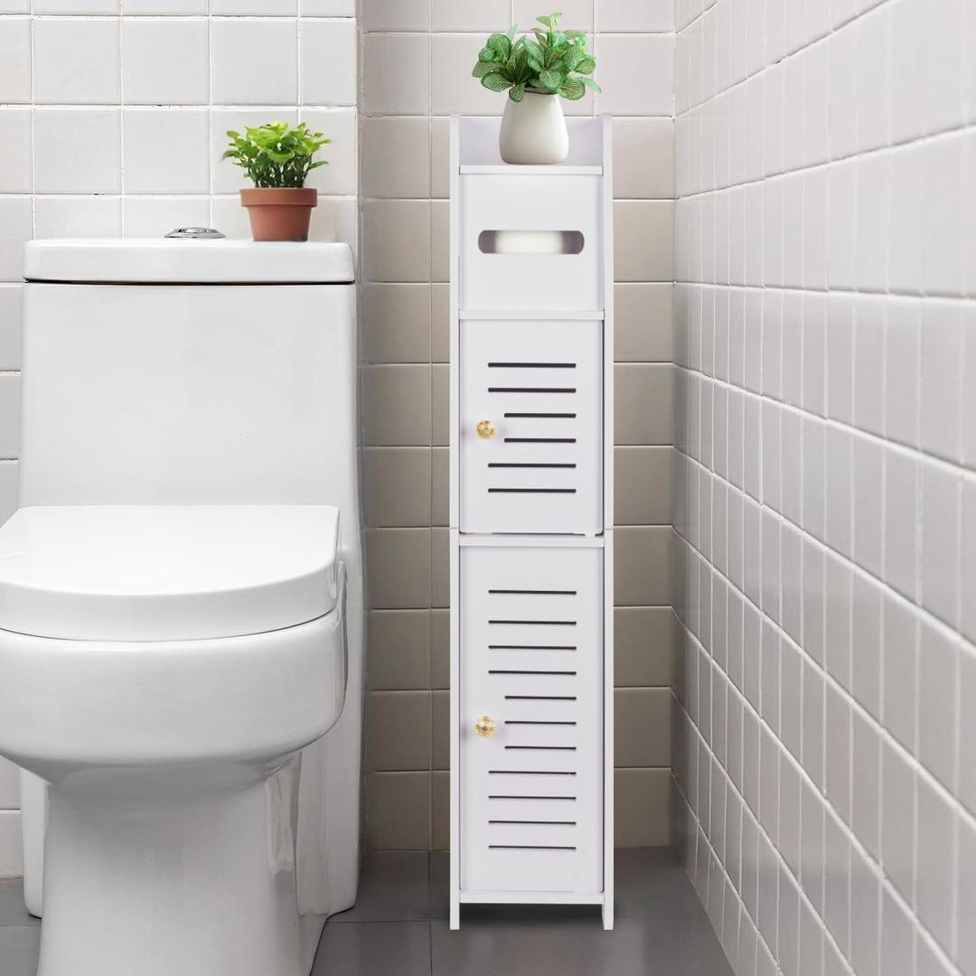 LuiceABC Toilet Paper Holder Stand, Over The Toilet Storage Cabinet for Bathroom, Slim Corner Shelf for Small Space Storage, Small Bathroom Storage Cabinet with Doors - White (5.9 x 5.9 x 30.7 inch)
