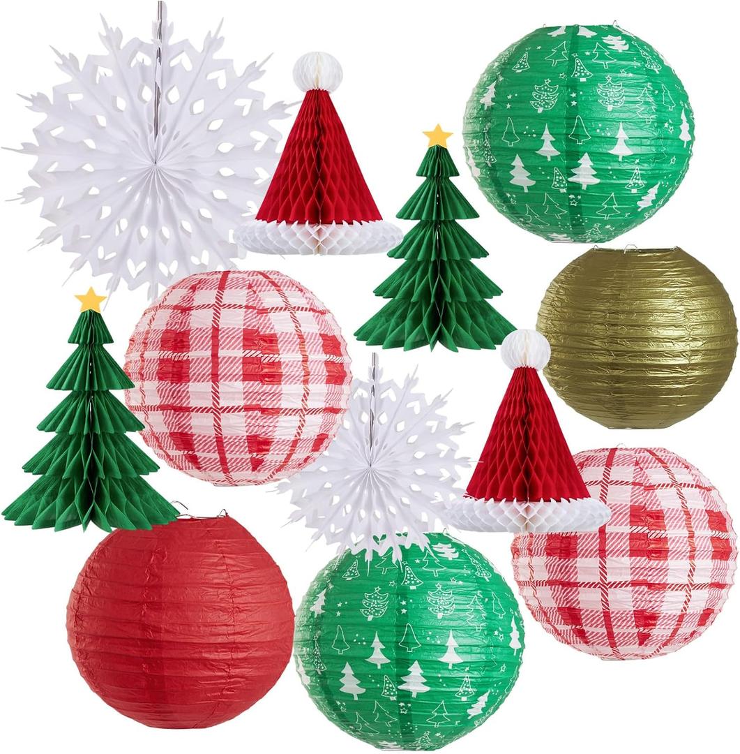 OBBOLO Christmas Hanging Decorations, 12 PCS Paper Lanterns, Honeycomb Christmas Trees, Hanging Paper Fans, Red Green Gold White Holiday Party Supplies for Home Xmas Holiday Party