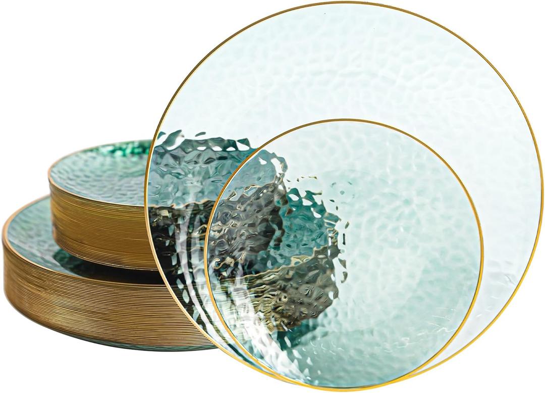 80pcs Green Plastic Plates, Gold Disposable Dinner Plate Heavy Duty Dessert Plates for Party, Wedding