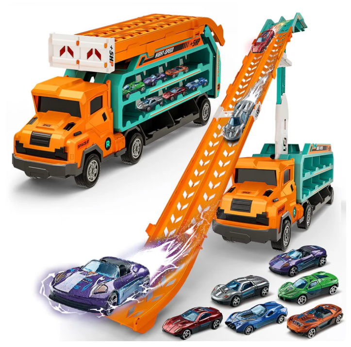 BainGesk Carrier Truck Toys for 2 3 4 5 6 Years Old Boys, 2.8 Ft Race Track Transport Cars with 6 DieCast Metal Toy Cars, Birthday Gifts Kids Age 35, Racing Toys Gifts for Toddlers