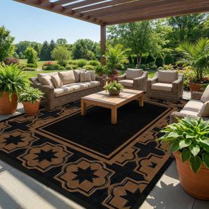 Outdoor Rug Geometric Black Brown 9x12 Waterproof | Extra Large Reversible Plastic Straw Outdoor Patio Rug 0.13" Thick for Backyard, Patio