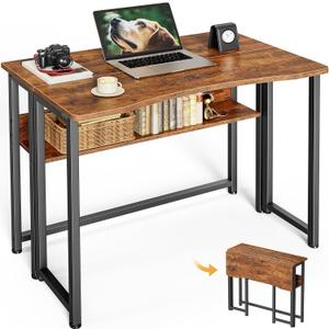 Huuger Folding Desk with Storage Shelf, 31.5 Inch Foldable Computer Table for Small Spaces, Space Saving Sofa Table for Couch, Writing Work Office Computer Desk, Easy to Fold, Rustic Brown