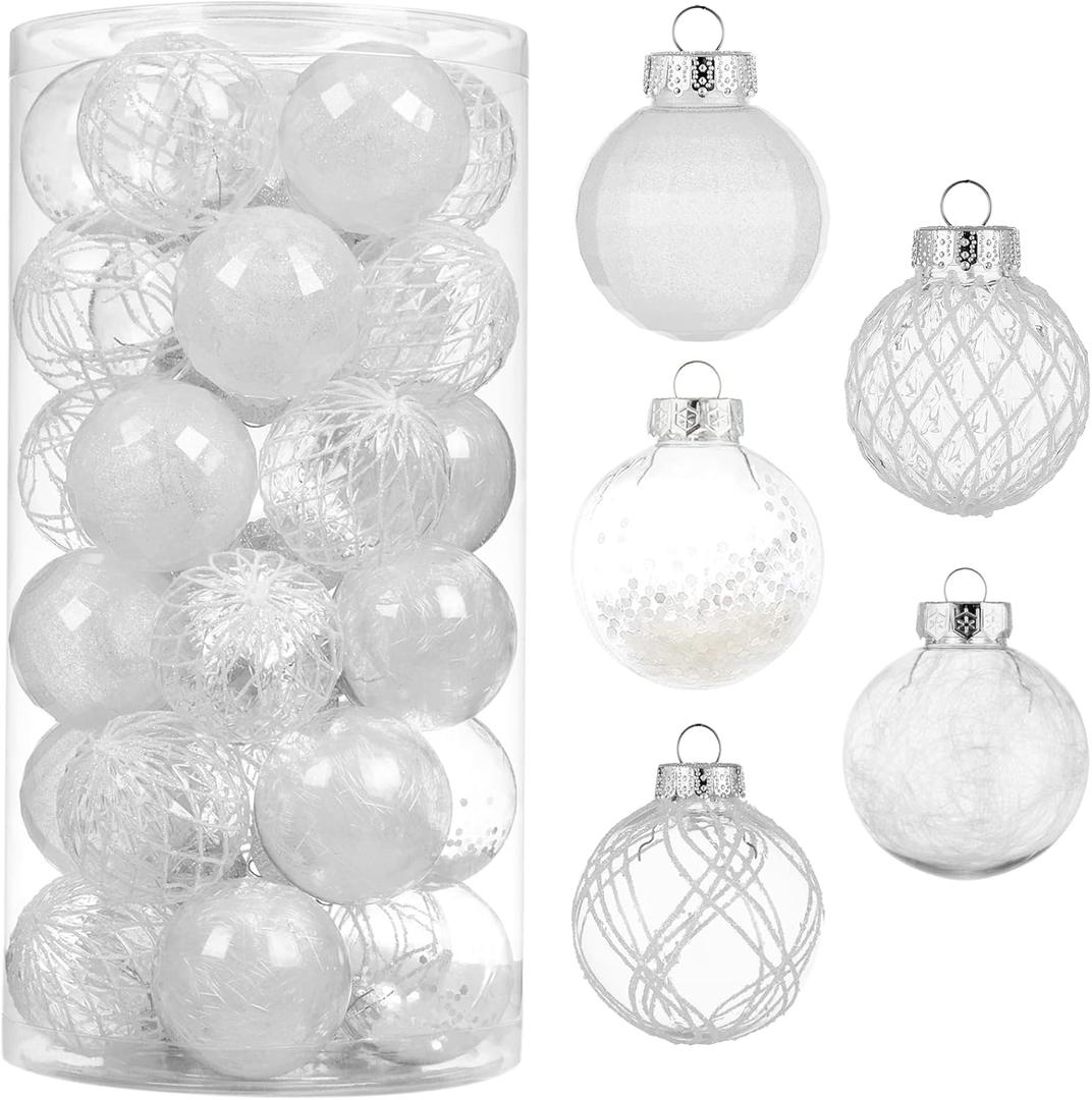 30ct Christmas Ball Ornaments-60mm/2.36" Shatterproof Clear Plastic Xmas Balls Baubles Set with Stuffed Delicate Sparkling, Hanging Christmas Tree Decorations(White)