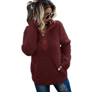 AQOTHES Womens Loose Casual Zipper Sherpa Fleece Pockets Pullover Sweatshirt for Women (Large, WineRed)