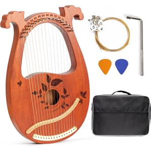 Lyre Harp Mahogany with Tuning Wrench and 16 Pcs Metal Spare String Set Manual Picks Black Gig Bag for Instrument Kids Adult Professional Beginner Music Lovers Gift