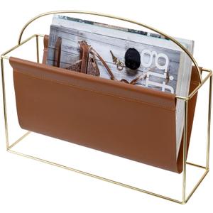MyGift 15 Inch Mid Century Modern Magazine Holder with Brass Tone Metal Frame and Caramel Brown Leatherette Sling, Freestanding Storage Organizer Newspaper Rack