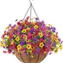 Der Rose Artificial Hanging Flowers Basket for Outdoors Outside Fake Hanging Plants Spring Summer Decoration UV Resistant for Garden Front Porch Patio Balcony Decor, Multicolor