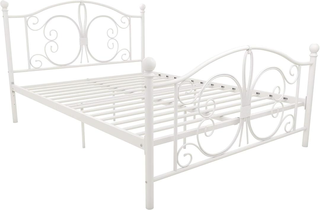 DHP Bombay Metal Platform Bed with Parisian Style Headboard and Footboard, Adjustable Base Height for Underbed Storage, No Box Spring Needed, Full, White