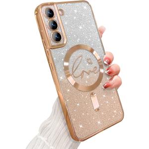 for Samsung Galaxy S22 Plus Case Magnetic,for Women Girl Soft Cute Luxury Love Heart Plating Bling Gradient Glitter Phone Case Compatible with MagSafe Clear Shockproof Back Cover 6.6-Gold