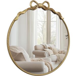 Gold Bow Metal Round Mirror -28inch Elegant Wall-Mounted Vanity Decorative Mirror for Bedroom, Bathroom, Living Room