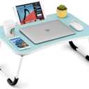 FISYOD Foldable Laptop Table, Portable Lap Desk Bed Table Tray, Laptop Stand with Cup Holder & Tablet Slot & Lifting Handle for Working Writing Drawing & Eating (Blue)