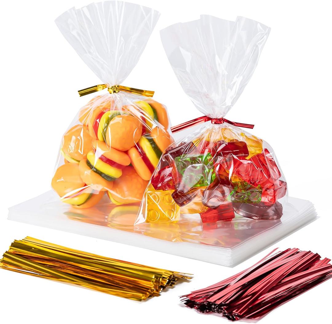 Aegero Cello Cellophane Treat Bags, 200 Pcs 4x6 Inches Clear Cellophane Bags with 200 Twist Ties for Gift Wrapping,Packaging Candies,Dessert,Bakery,Party Favors