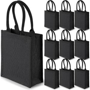 Saintrygo 10 Pcs Burlap Tote Bags Burlap Gift Tote with Handles Reusable Beach Bridesmaid Welcome Bags for DIY Wedding Shopping Pool Party Favor, 11.1''x 9.5''x 4.2''(Black)