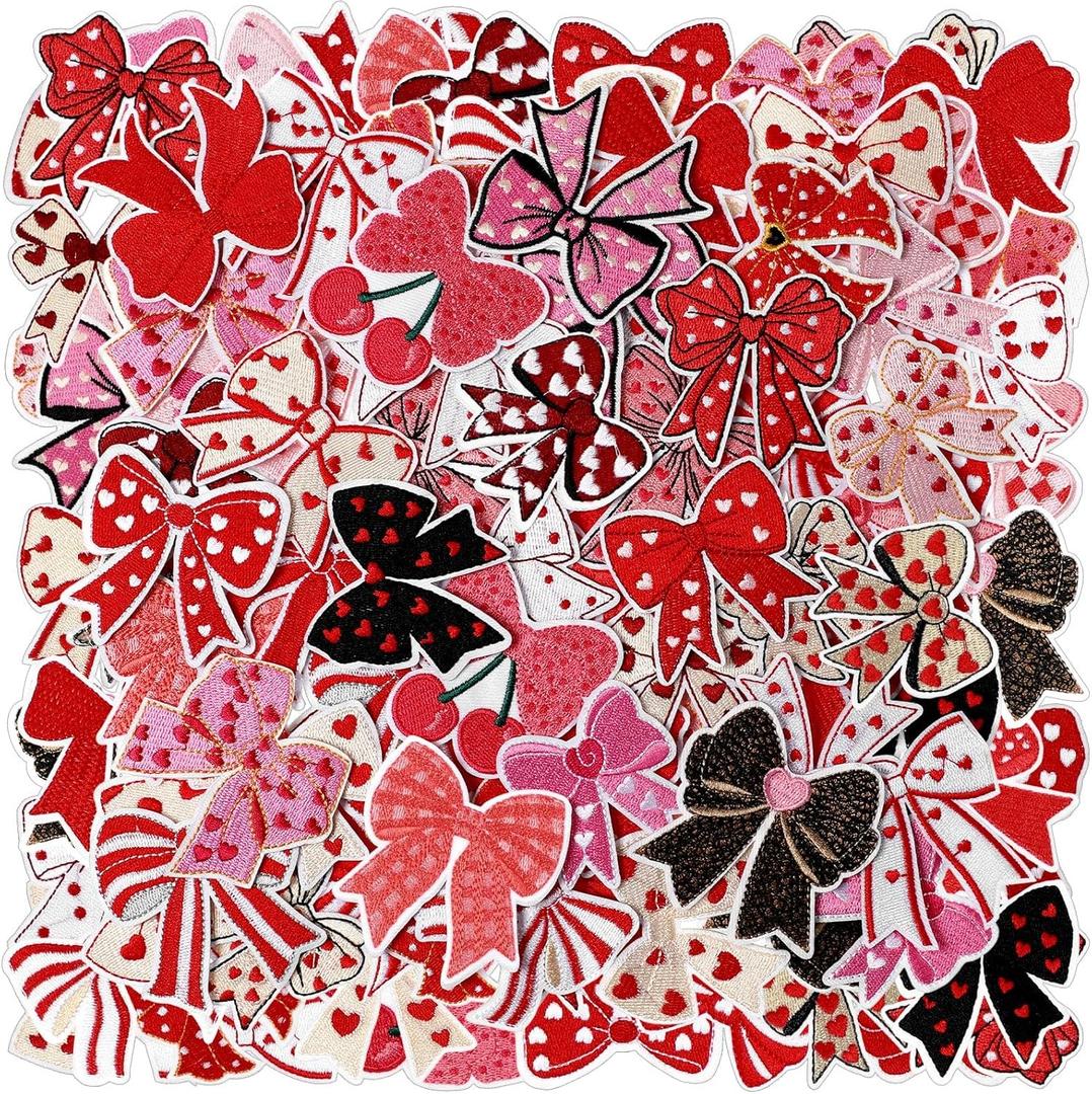 Zeyune 72 Pcs Valentines Day Bow Iron on Patches Bulk Pink Red Heart Bow Cherry Embroidered Hat Patches Galentines Holiday Applique Sew on for Hat Backpack Clothes Shirt Jeans DIY Craft, 36 Styles