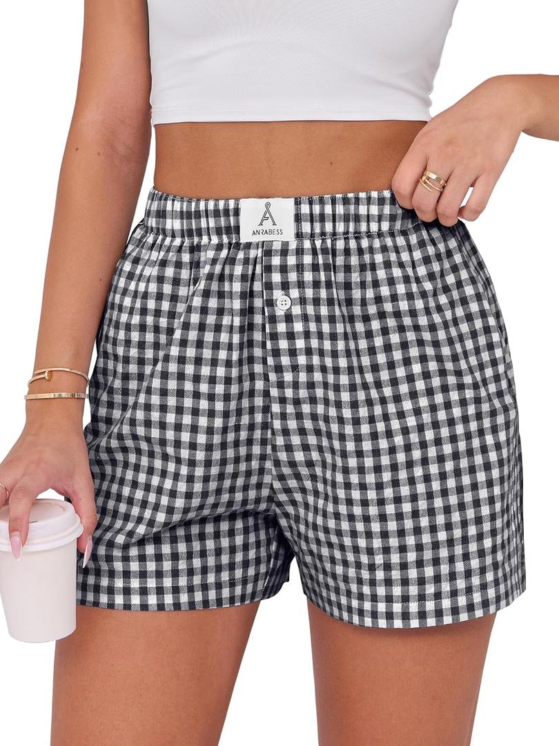 ANRABESS Boxer Shorts for Women Gingham Pajama 2026 Summer Casual Lounge Sleep Plaid Shorts Y2K Beach Bottoms (L)