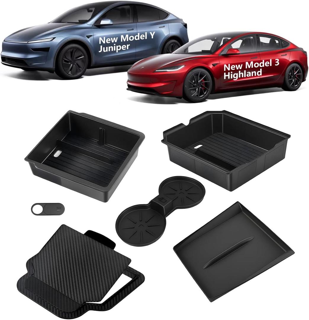 IMATEPLUS Center Console Organizer for Tesla Model 3 Highland 2024 2025 & Model Y Juniper 2025, 6-Piece Set Black(Armrest Storage Tray,center console trayHidden Storage Box,Cup Holder)