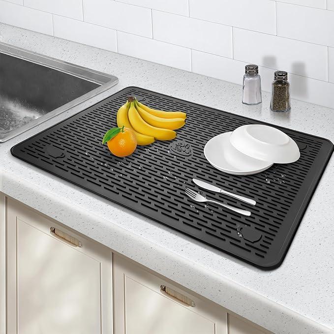 28"X20" Dish Drying Mat, Silicone Drying Mat for Kitchen Counter, Stove Top Covers for Electric Stove, Heat Resistant Glass Cooktop Cover for Kitchen, Black