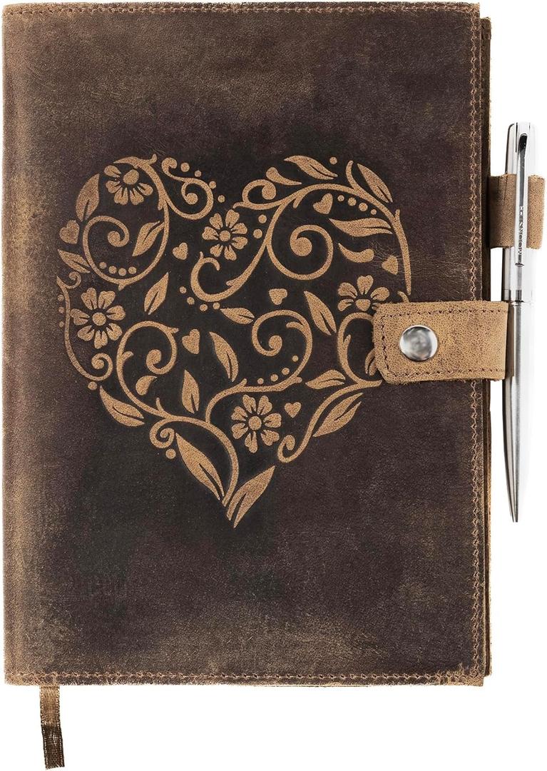 moonster Refillable Leather Journal Embossed Heart Shape Cover Design Journals with Pen  Milled A5 Leather Journal Lined Paper - Journals for Women  Leather Vintage Journal - 320 Pages